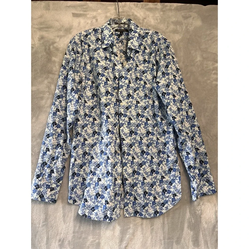 Banana Republic Shirt Mens Medium Blue Floral Non-Iron Cotton LS Button Down‎ EX